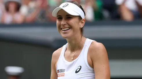 Belinda Bencic of Switzerland celebrates winning match point against Mirra Andreeva during the Ladies' Singles quarter-final match on day ten of The Championships Wimbledon 2025.