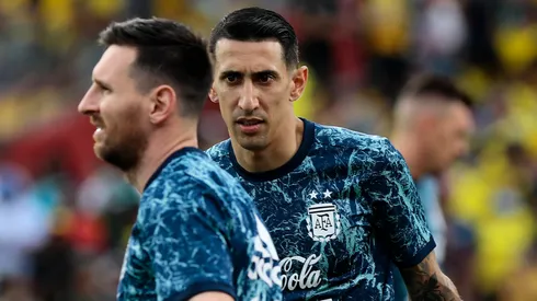 Lionel Messi and Angel Di Maria of Argentina warm up prior a FIFA World Cup Qatar 2022