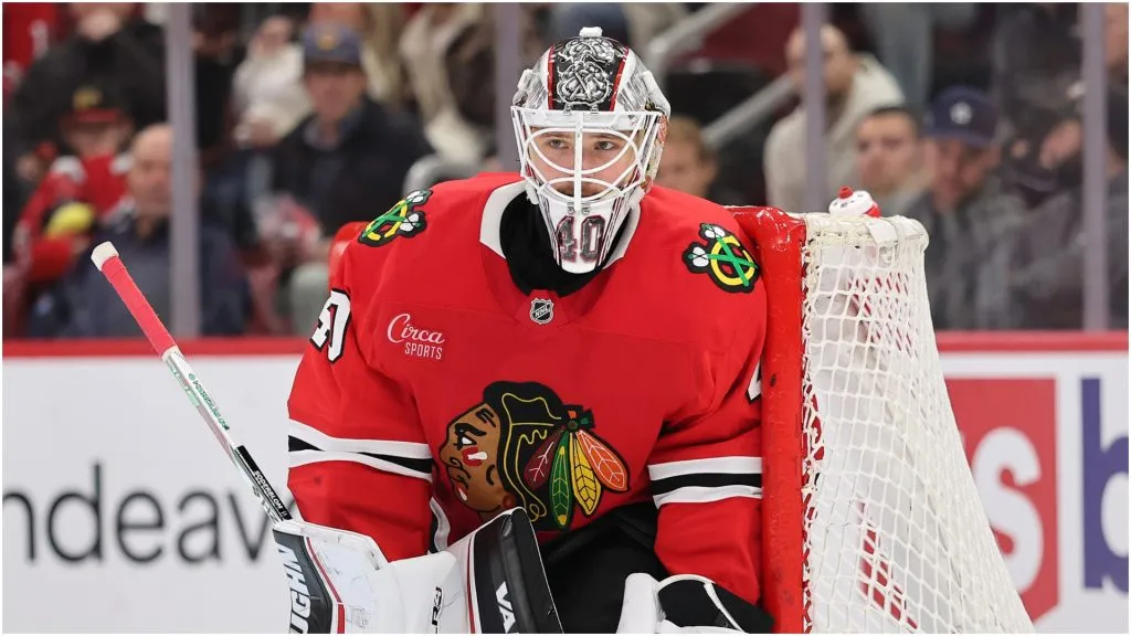 Arvid Soderblom #40 of the Chicago Blackhawks tends the net against the Edmonton Oilers during the third period at the United Center on February 05, 2025 in Chicago, Illinois.
