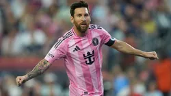 Lionel Messi #10 of Inter Miami CF celebrates after scoring the team's first goal during the MLS match between New England Revolution and Inter Miami.