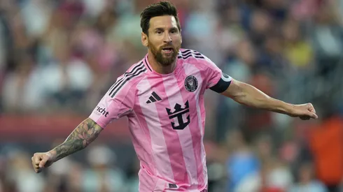 Lionel Messi #10 of Inter Miami CF celebrates after scoring the team's first goal during the MLS match between New England Revolution and Inter Miami.