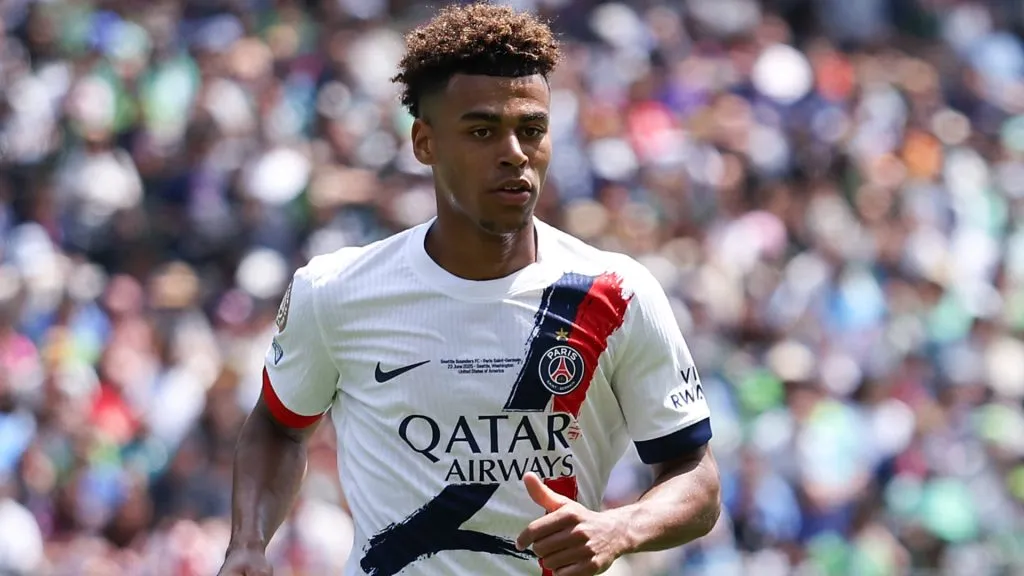 Desire Doue #14 of Paris Saint-Germain during the FIFA Club World Cup 2025 group B match between Seattle Sounders FC and Paris Saint-Germain FC. (Source: Buda Mendes/Getty Images)