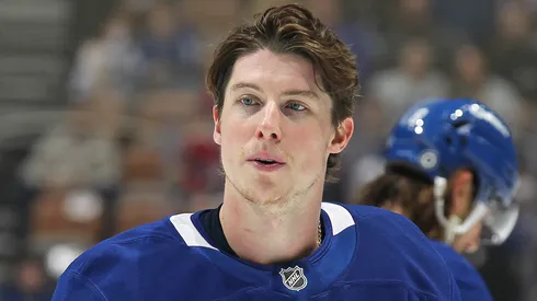 Mitch Marner speaks openly during an interview.