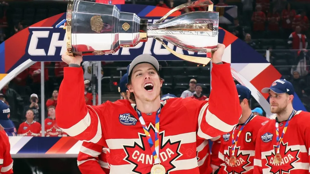 Mitch Marner #16 of Team Canada celebrates with his teammates after defeating Team United States in overtime to win the NHL 4 Nations Face-Off Championship Game in 2025. (Source: Bruce Bennett/Getty Images)