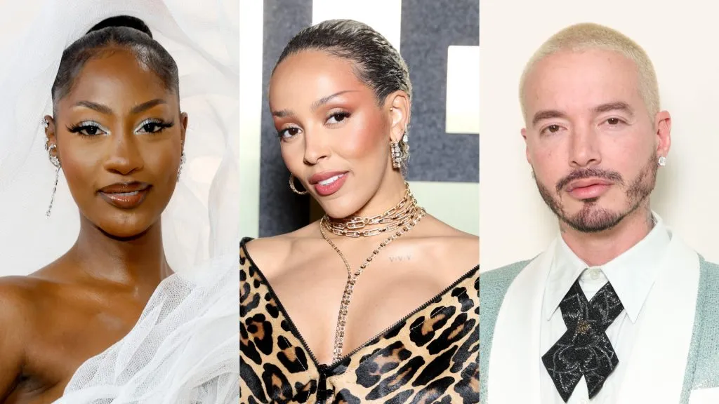 Tems, Doja Cat and J Balvin (Source: Mike Coppola/Getty Images – Pascal Le Segretain/Getty Images for Balmain – Pascal Le Segretain/Getty Images)