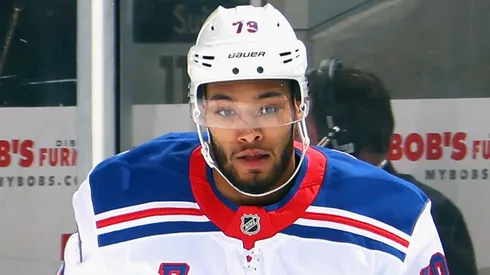 K'Andre Miller skates against the New York Islanders at UBS Arena on April 10, 2025 in Elmont, New York.
