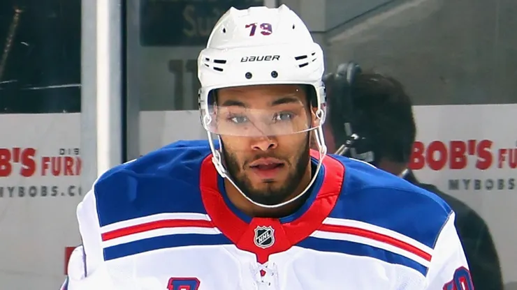 K'Andre Miller skates against the New York Islanders at UBS Arena on April 10, 2025 in Elmont, New York.