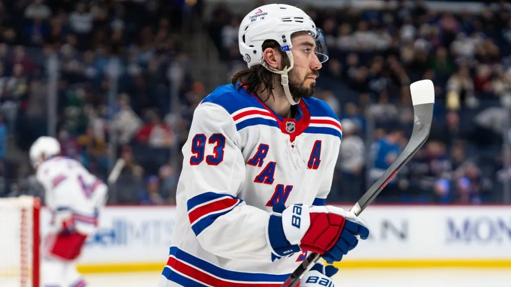 Mika Zibanejad #93 of the New York Rangers skates during a timeout during the second period against the Winnipeg Jets at Canada Life Centre on March 11, 2025 in Winnipeg, Canada. (Photo by Cameron Bartlett/Getty Images)