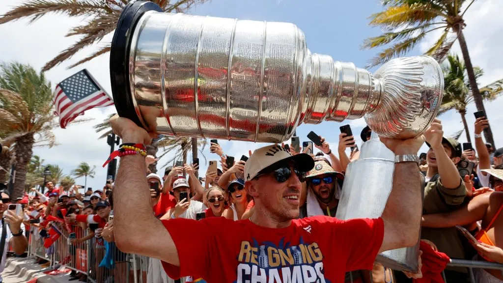 Brad Marchand #63 of the Florida Panthers holds the Stanley Cup during the Florida Panthers 2025 Stanley Cup Victory Parade and Rally on June 22, 2025 on Fort Lauderdale Beach, Florida. (Photo by Eliot J. Schechter/Getty Images)