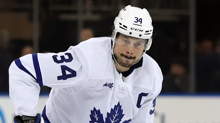 Auston Matthews #34 of the Toronto Maple Leafs in action during the game against the New York Rangers at Madison Square Garden on March 20, 2025.
