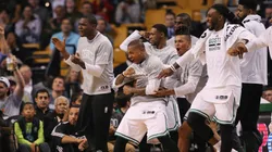 Members of the Boston Celtics celebrate on the bench during the third quarter of the preseason game against the Brooklyn Nets at TD Garden on October 17, 2016 in Boston, Massachusetts