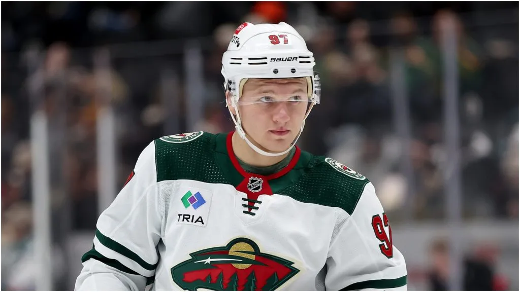 Kirill Kaprizov #97 of the Minnesota Wild looks on during the second period of a game against the Anaheim Ducks at Honda Center on November 09, 2022 in Anaheim, California. 