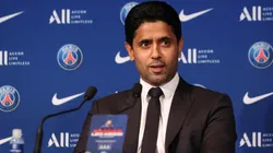 President Nasser Al Khelaifi answers journalists during a conference of Paris Saint-Germain at Parc des Princes on August 11, 2021.