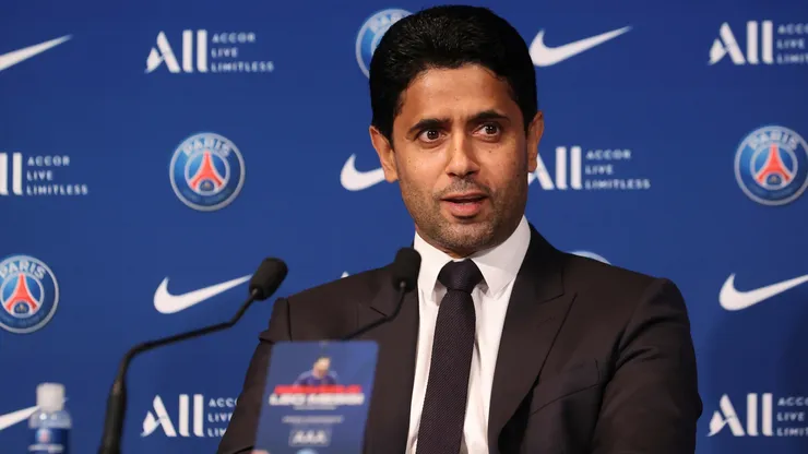 President Nasser Al Khelaifi answers journalists during a conference of Paris Saint-Germain at Parc des Princes on August 11, 2021.