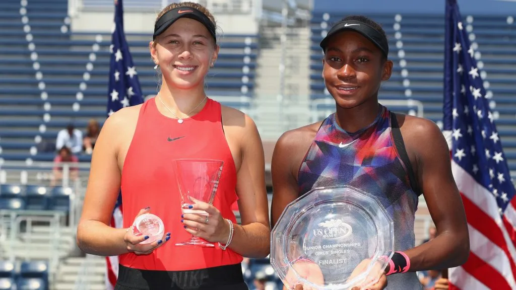 Amanda Anisimova of the United States and Cori Gauff of the United States pose during the trophy presentation after Anisimova won the Junior US Open. (Al Bello/Getty Images)