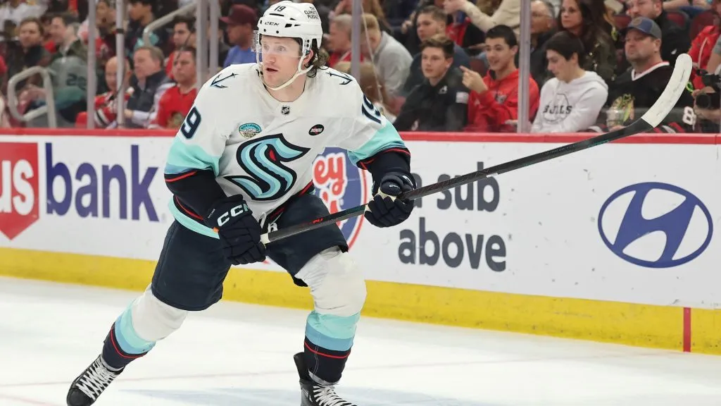 Jared McCann #19 of the Seattle Kraken skates against the Chicago Blackhawks during the first period at the United Center on March 18, 2025 in Chicago, Illinois. (Photo by Michael Reaves/Getty Images)