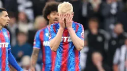 Will Hughes of Crystal Palace appears dejected after Harvey Barnes of Newcastle United scores his team's third goal during the Premier League match between Newcastle United FC and Crystal Palace FC at St James' Park on April 16, 2025 in Newcastle upon Tyne, England.