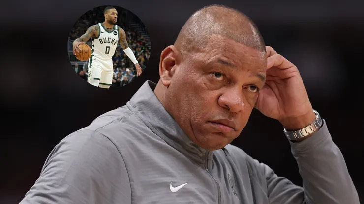 Head coach Doc Rivers of the Milwaukee Bucks and Damian Lillard #0 of the Milwaukee Bucks