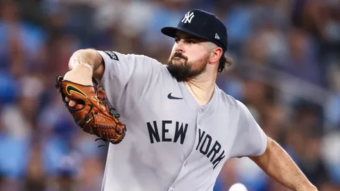 Carlos Rodón #55 of the New York Yankees pitches during first inning of their MLB game against the Toronto Blue Jays at Rogers Centre on June 30, 2025 in Toronto, Ontario, Canada.