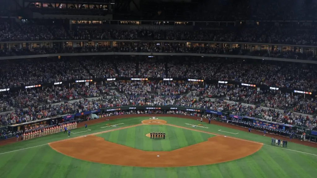 The umpire crew observes a Stand Up 2 Cancer moment during the 94th MLB All-Star Game presented by Mastercard at Globe Life Field on July 16, 2024. (Source: Richard Rodriguez/Getty Images)