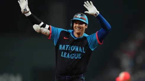 Shohei Ohtani #17 of the Los Angeles Dodgers celebrates after hitting a three-run home run in the third inning during the 94th MLB All-Star Game in 2024.