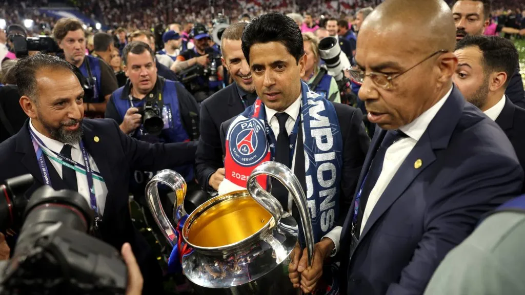 Nasser Al-Khelaifi, President of PSG, celebrates with the UEFA Champions League trophy after his team’s victory, to secure Paris Saint-Germain’s first ever Champions League title. (Source: Carl Recine/Getty Images)