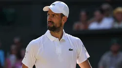 Novak Djokovic of Serbia reacts against Jannik Sinner of Italy during the Wimbledon semifinal.