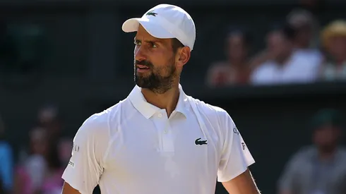 Novak Djokovic of Serbia reacts against Jannik Sinner of Italy during the Wimbledon semifinal.