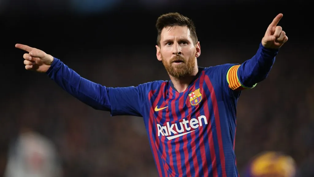 Lionel Messi of Barcelona celebrates after scoring his team’s third goal during the UEFA Champions League Semi Final against Liverpool. (Matthias Hangst/Getty Images)