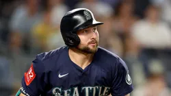 Cal Raleigh #29 of the Seattle Mariners watches his eighth inning two run home run against the New York Yankees at Yankee Stadium on July 08, 2025 in New York City.