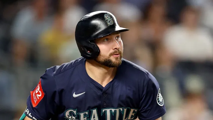 Cal Raleigh #29 of the Seattle Mariners watches his eighth inning two run home run against the New York Yankees at Yankee Stadium on July 08, 2025 in New York City.
