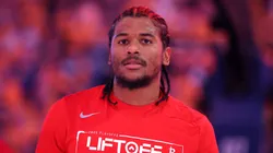 Jalen Green #4 of the Houston Rockets looks on prior to Game Six of the Western Conference First Round NBA Playoffs against the Golden State Warriors at Chase Center on May 02, 2025 in San Francisco, California. NOTE TO USER: User expressly acknowledges and agrees that, by downloading and or using this photograph, User is consenting to the terms and conditions of the Getty Images License Agreement.