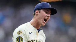 Jacob Misiorowski #32 of the Milwaukee Brewers reacts after a ground out by Michael Conforto #23 of the Los Angeles Dodgers during the sixth inning at American Family Field on July 08, 2025 in Milwaukee, Wisconsin.