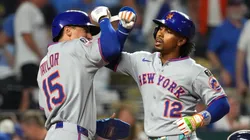 Francisco Lindor #12 of the New York Mets celebrates his three-run home run with Tyrone Taylor #15 of the New York Mets in the ninth inning against the Kansas City Royals at Kauffman Stadium on July 11, 2025 in Kansas City, Missouri.