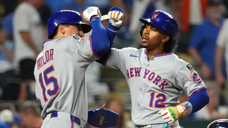 Francisco Lindor #12 of the New York Mets celebrates his three-run home run with Tyrone Taylor #15 of the New York Mets in the ninth inning against the Kansas City Royals at Kauffman Stadium on July 11, 2025 in Kansas City, Missouri.
