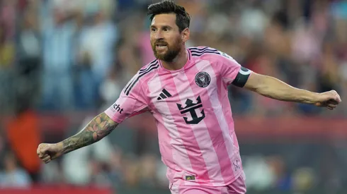 Lionel Messi #10 of Inter Miami CF celebrates after scoring a goal.