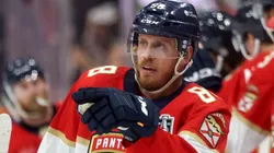 Nate Schmidt #88 with the Florida Panthers reacts after a goal against the Edmonton Oilers during the first period in Game Three of the 2025 Stanley Cup Final at Amerant Bank Arena on June 09, 2025 in Sunrise, Florida.