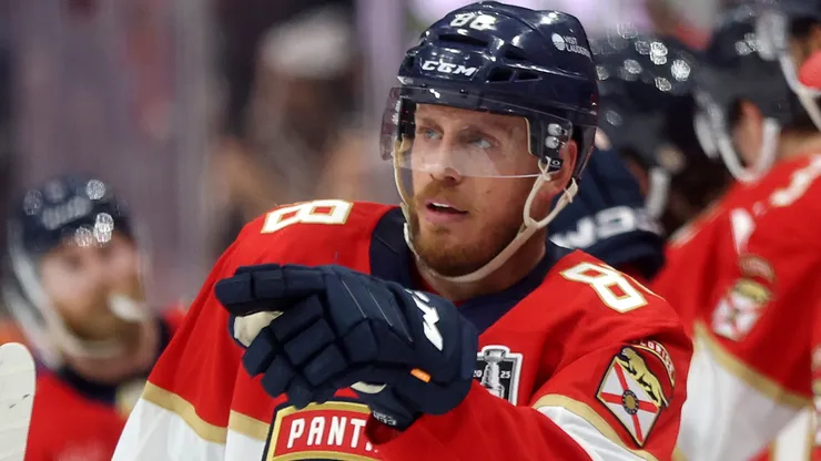 Nate Schmidt #88 with the Florida Panthers reacts after a goal against the Edmonton Oilers during the first period in Game Three of the 2025 Stanley Cup Final at Amerant Bank Arena on June 09, 2025 in Sunrise, Florida.