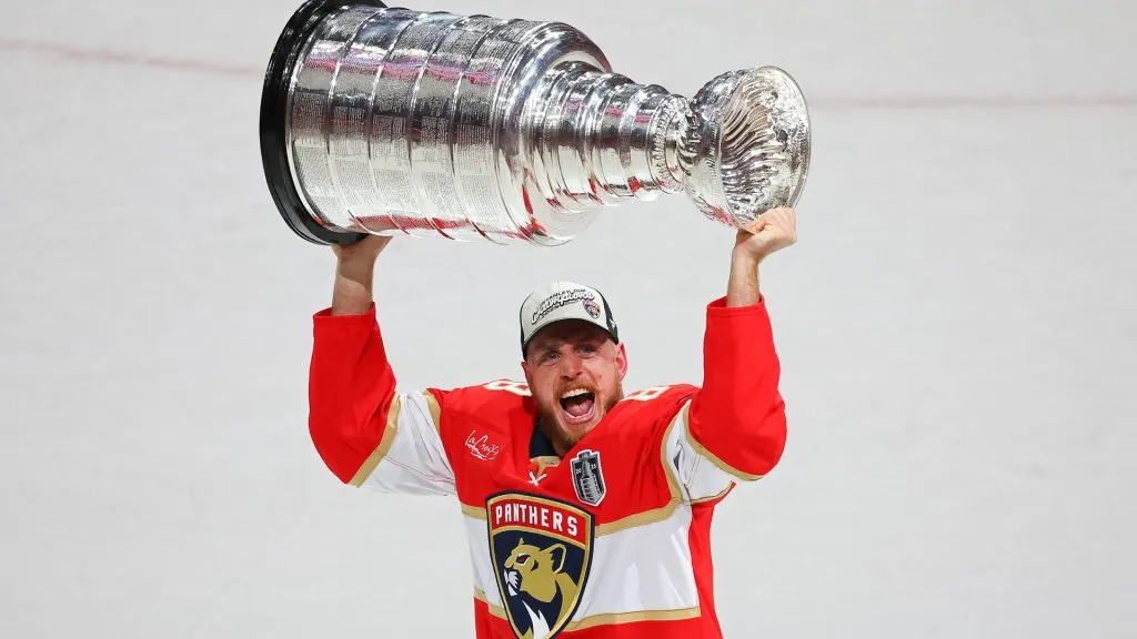 Nate Schmidt #88 celebrates with the Stanley Cup after defeating the Edmonton Oilers in Game Six of the 2025 Stanley Cup Final at Amerant Bank Arena on June 17, 2025 in Sunrise, Florida. (Photo by Mike Carlson/Getty Images)