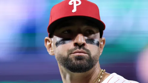 Nick Castellanos #8 of the Philadelphia Phillies looks on.