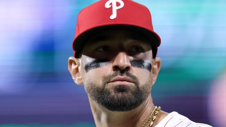 Nick Castellanos #8 of the Philadelphia Phillies looks on.