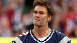 Former New England Patriots quarterback Tom Brady speaks during a ceremony honoring him at halftime of New England's game against the Philadelphia Eagles at Gillette Stadium on September 10, 2023 in Foxborough, Massachusetts.
