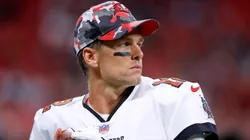 Tom Brady #12 of the Tampa Bay Buccaneers warms-up prior to the game against the Atlanta Falcons at Mercedes-Benz Stadium on January 08, 2023 in Atlanta, Georgia.