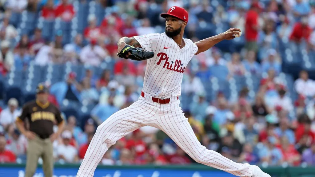 Cristopher Sánchez #61 of the Philadelphia Phillies delivers a pitch in the first inning during game two of a doubleheader against the San Diego Padres at Citizens Bank Park on July 2, 2025 in Philadelphia, Pennsylvania. (Photo by Hunter Martin/Getty Images)