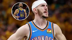 Stephen Curry #30 of the Golden State Warriors and Alex Caruso #9 of the Oklahoma City Thunder reacts during the first quarter against the Indiana Pacers.