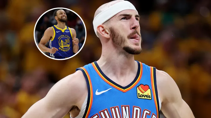 Stephen Curry #30 of the Golden State Warriors and Alex Caruso #9 of the Oklahoma City Thunder reacts during the first quarter against the Indiana Pacers.