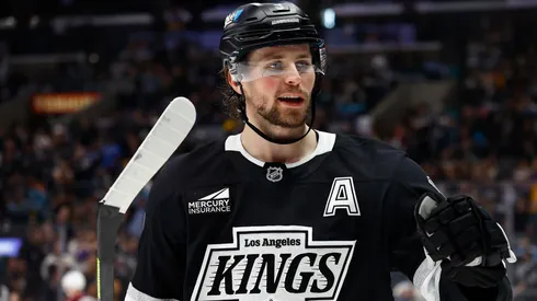 Adrian Kempe #9 of the Los Angeles Kings in the second period at Crypto.com Arena on April 12, 2025 in Los Angeles, California