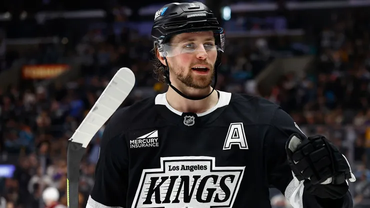 Adrian Kempe #9 of the Los Angeles Kings in the second period at Crypto.com Arena on April 12, 2025 in Los Angeles, California