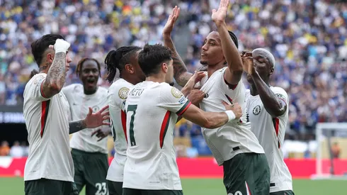 Joao Pedro of Chelsea FC celebrates scoring his team's first goal with teammates during the FIFA Club World Cup 2025.