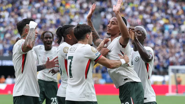 Joao Pedro of Chelsea FC celebrates scoring his team's first goal with teammates during the FIFA Club World Cup 2025.